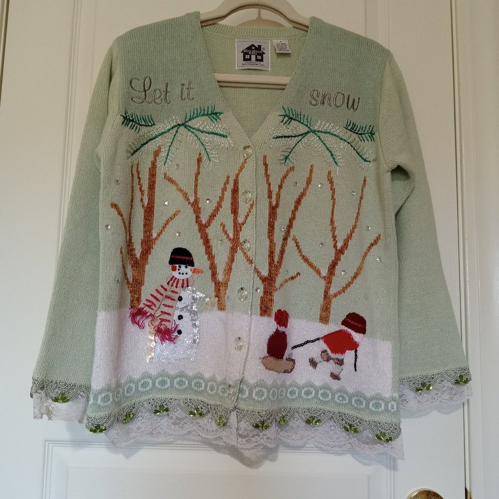 Storybook Knits Sweater "Let it Snow" Mint Green, with embroidery, lace. SMALL